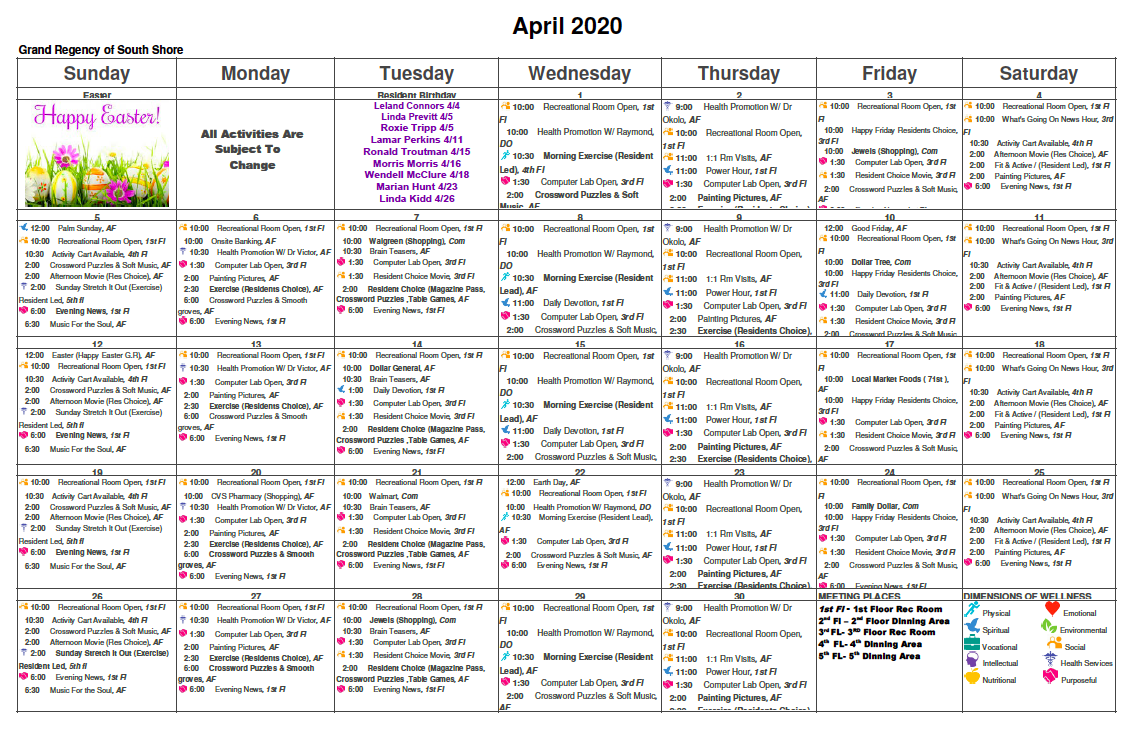 Grand Regency South Shore April 2020 Activity Calendar