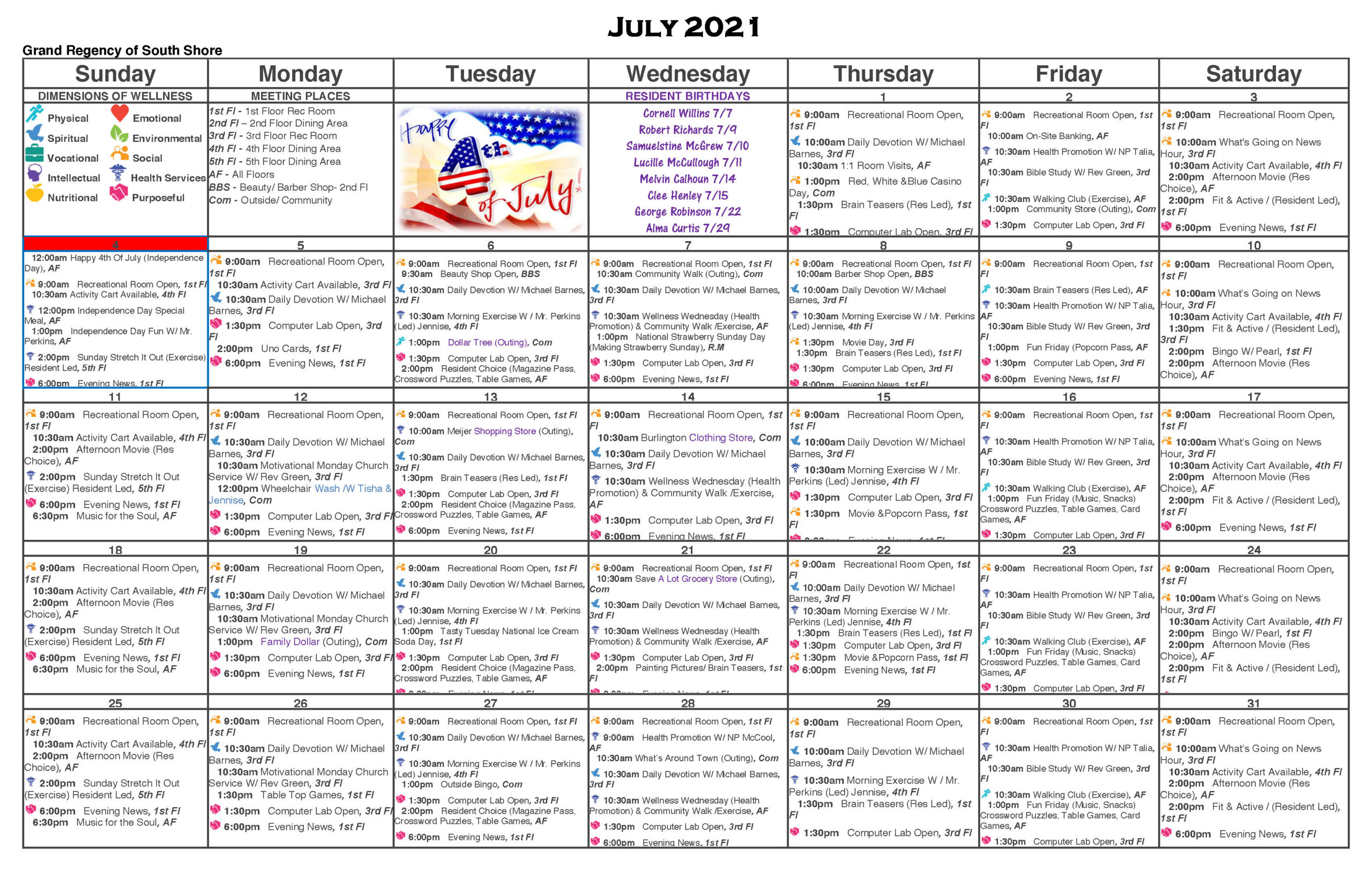 Grand Regency of South Shore July 2021 Calendar of Activities
