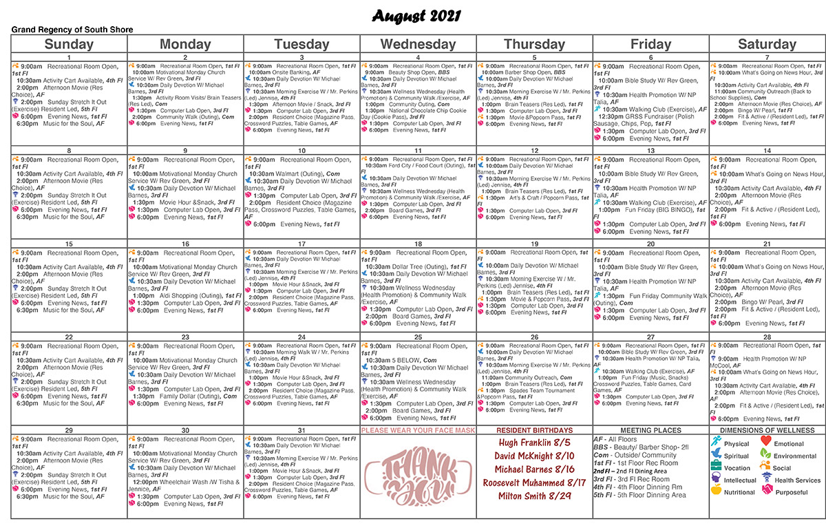 Grand Regency of South Shore, Chicago August 2021 Activities Calendar