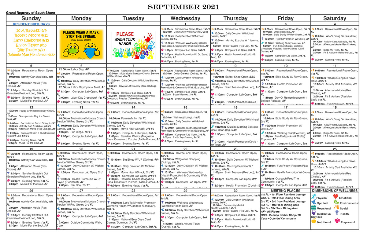 Grand Regency of South Shore (Chicago) September 2021 Activities Calendar